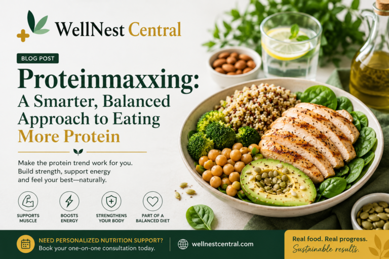 WellNest Central proteinmaxxing blog image showing a balanced high-protein meal with chicken, chickpeas, grains, avocado, greens, and dumbbells.