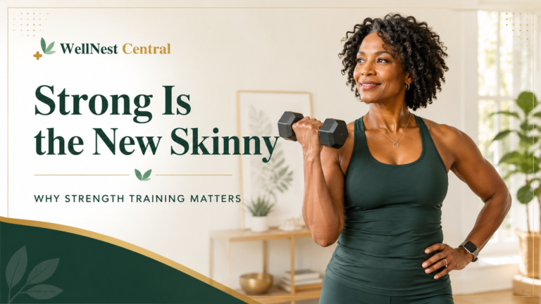 Woman performing a dumbbell strength exercise in a bright home setting with WellNest Central branding and the text “Strong Is the New Skinny.”